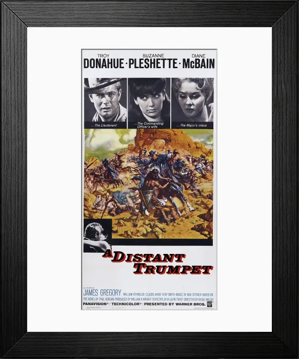 Framed Print : A DISTANT TRUMPET, top l-r: Troy Donahue, Suzanne Pleshette, Diane McBain on poster art, 1964