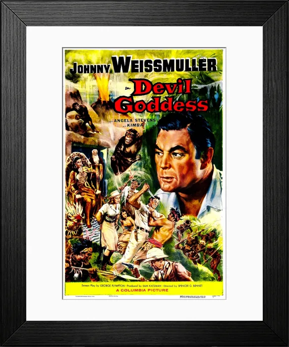 Framed Print : DEVIL GODDESS, US poster, Johnny Weissmuller (far right), 1955