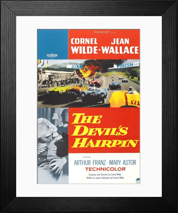 Framed Print : THE DEVIL'S HAIRPIN, bottom left from left: Jean Wallace, Cornel Wilde on poster art, 1957 Framed Print : THE DEVIL'S HAIRPIN, bottom left from left: Jean Wallace, Cornel Wilde on poster art, 1957
