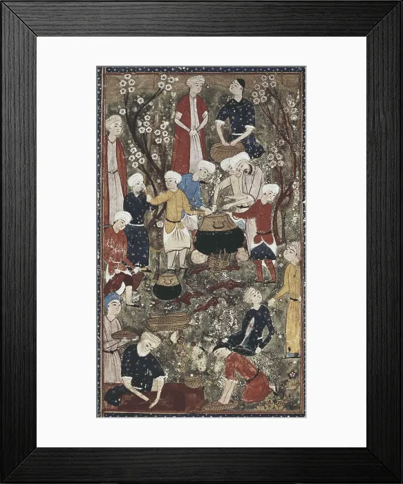 Framed Print : Depiction of a banquet's preparation, illustrating a poem by Hafiz Shirazi. Persian art. Miniature Painting. SYRIA. Damascus. National Museum in Belgrade