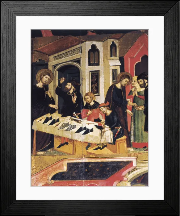 Framed Print : BASSA, Arnau (14th century). Saint Mark's Altarpiece. 1346. SPAIN. Manresa. Basilica of Santa Maria de la Seu of Manresa. Detail with Jesus and Saint Anian the shoemaker