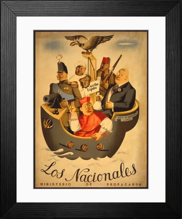 Framed Print : THE NATIONALISTS. 1936 Spanish Civil War poster presenting Republican anti-Franco propaganda. Ca. 1936-39. Five figures represent the interests backing the Nationalists
