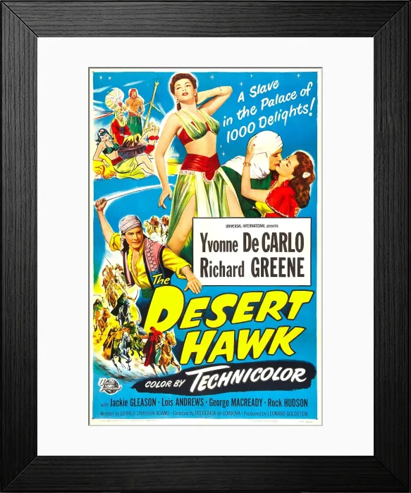 Framed Print : THE DESERT HAWK, US poster, from left: Richard Greene, Yvonne DeCarlo, 1950