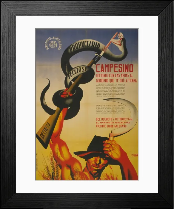 Framed Print : FARMER, DEFEND WITH ARMS THE GOVERNMENT THAT GAVE YOU LAND. Spanish Civil War poster presenting Republican, anti-Franco propaganda Framed Print : FARMER, DEFEND WITH ARMS THE GOVERNMENT THAT GAVE YOU LAND. Spanish Civil War poster presenting Republican, anti-Franco propaganda