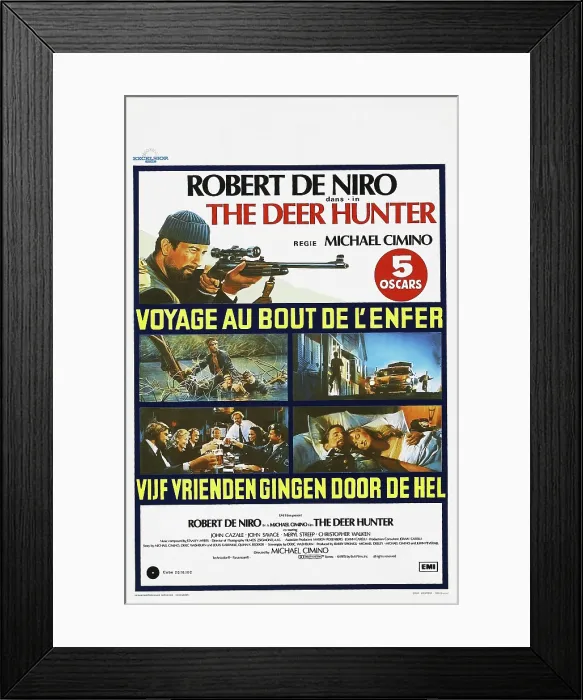 Framed Print : THE DEER HUNTER, (aka VOYAGE AU BOUT DE L'ENFER, aka VIJF VRIENDEN GINGEN DOOR DE HEL), Belgian poster, top left: Robert De Niro, bottom right: Robert De Niro, Meryl Streep