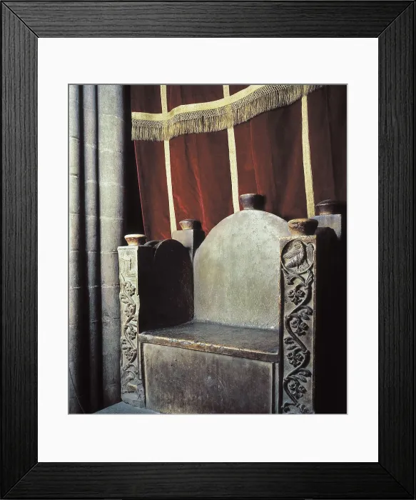 Framed Print : Episcopal Chaire, called Charlemagne's Chaire. Executed with only one alabaster block. Romanesque art. Furniture. SPAIN. Gerona. Cathedral's Treasure-Capitular Museum