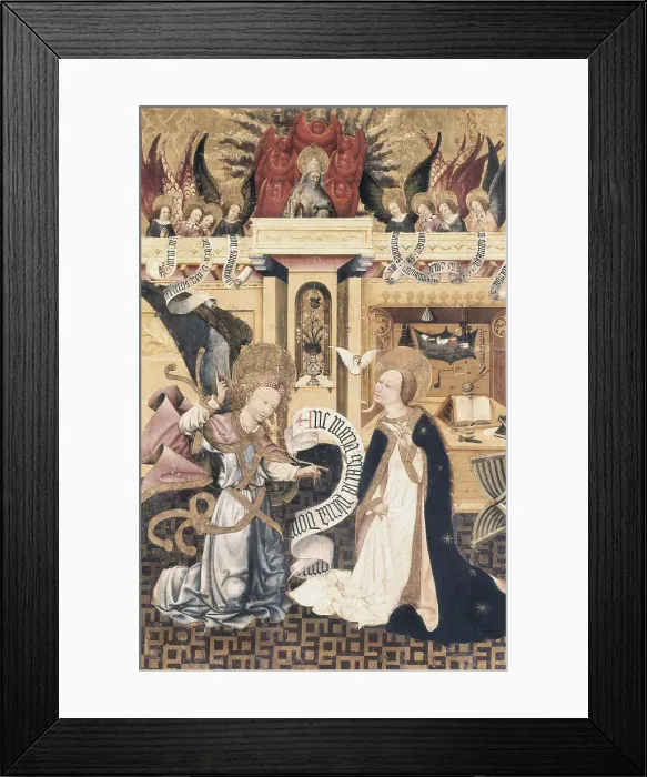 Framed Print : FERRER II, Jaume (15th century). Altarpiece from Verd. 1432-1434. Altarpiece compartment with the Annunciation. Gothic art. Tempera on wood. SPAIN. Vic. Vic Episcopal Museum Framed Print : FERRER II, Jaume (15th century). Altarpiece from Verd. 1432-1434. Altarpiece compartment with the Annunciation. Gothic art. Tempera on wood. SPAIN. Vic. Vic Episcopal Museum