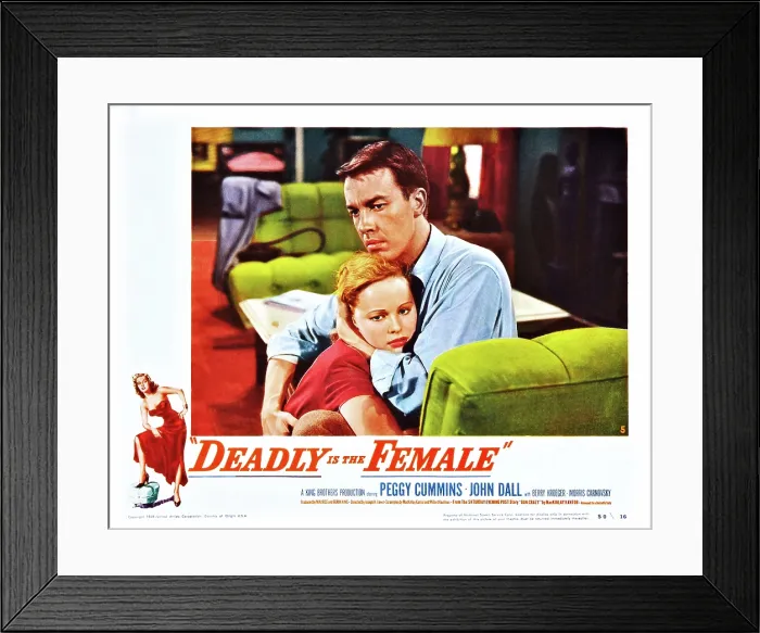 Framed Print : GUN CRAZY, (aka DEADLY IS THE FEMALE), l-r: Peggy Cummins, John Dall on lobbycard, 1950 Framed Print : GUN CRAZY, (aka DEADLY IS THE FEMALE), l-r: Peggy Cummins, John Dall on lobbycard, 1950