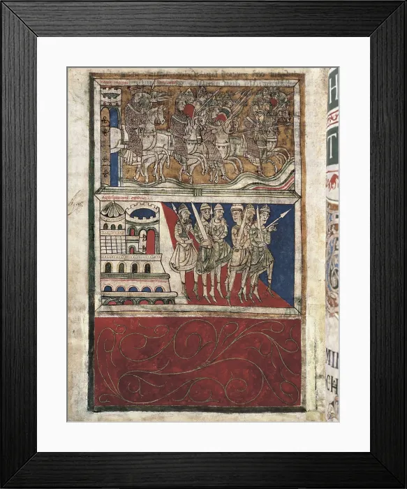 Framed Print : Calixtine Code. beg. 12th c. Charles the Greats leaving Aachen towards Compostela. Fol. 162v. book IV. Romanesque art. Miniature Painting. SPAIN. Santiago de Compostela Framed Print : Calixtine Code. beg. 12th c. Charles the Greats leaving Aachen towards Compostela. Fol. 162v. book IV. Romanesque art. Miniature Painting. SPAIN. Santiago de Compostela