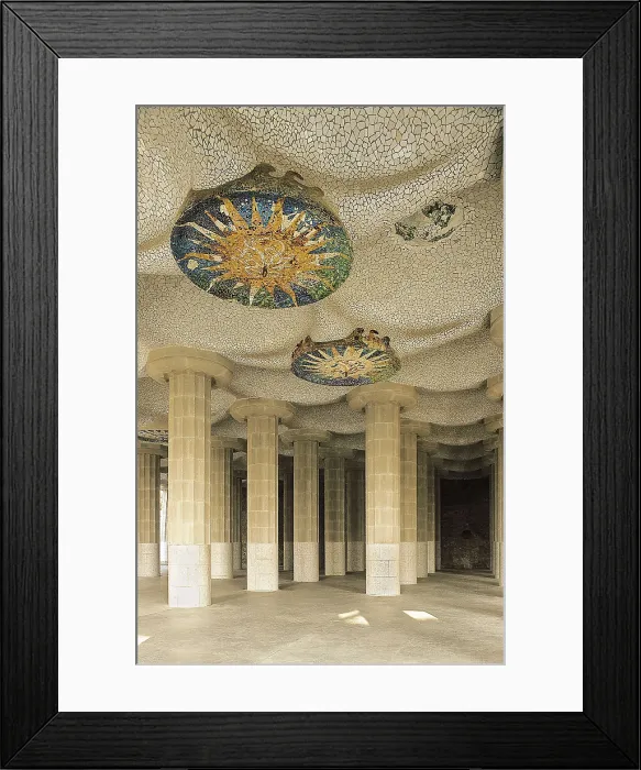 Framed Print : GAUDI i CORNET, Antoni (1852-1926). Park Gell. 1900-1914. SPAIN. Barcelona. Park Gell. Hypostyle Hall, decorated with ceramics designed by Josep Maria Jujol. Modernism