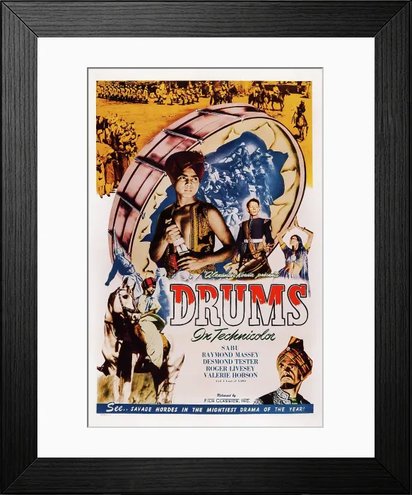 Framed Print : DRUMS, (aka THE DRUMS), US poster art, top left: Sabu; center: Desmond Tester; bottom right: Raymond Massey, 1938