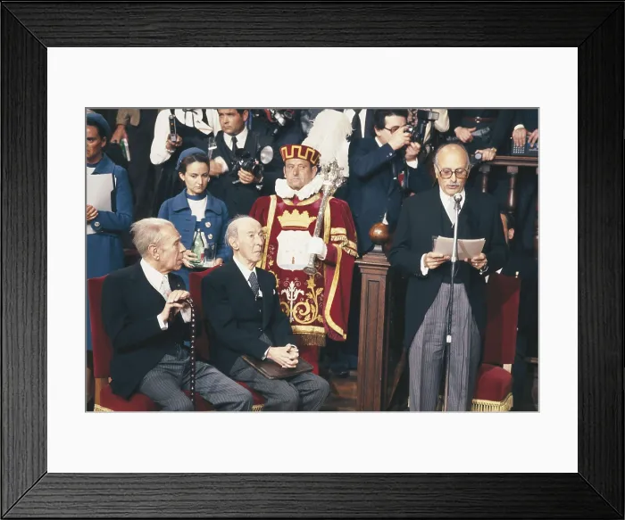 Framed Print : DIEGO, Gerardo (1896-1987); BORGES, Jorge Luis (1899-1986). Jorge Luis Borges (left) and Gerardo Diego (right) during the ceremony of the Cervantes Prize