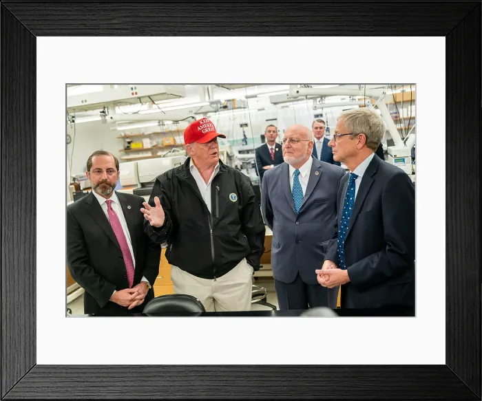Framed Print : Donald Trump, Alex Azar, Sec. of Health and Human Services (left), and virologist, Dr. Robert R. Redfield, (3rd from left)