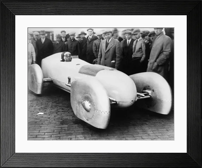 Framed Print : Frank Lockhart in his new Stutz Blackhawk Special, which reached speeds over 200 mph, ca. 1928