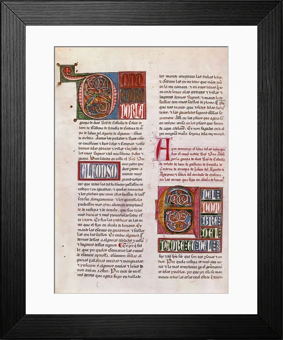 Framed Print : Ordenamiento de Alcal, law compilation promulgated by the Courts assembled by Alfonso XI in Alcal de Henares (1348). Miniature Painting. SPAIN. Madrid. National Library