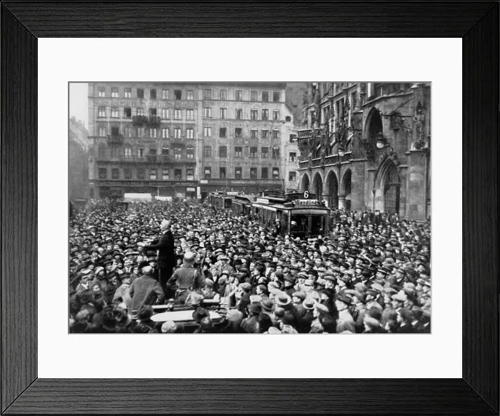 Framed Print : Marienplatz in Munich during the Beer Hall Putsch, Nov. 8-9, 1923. A massive crowd of people, in front of the Munich City Hall, listening to a speaker