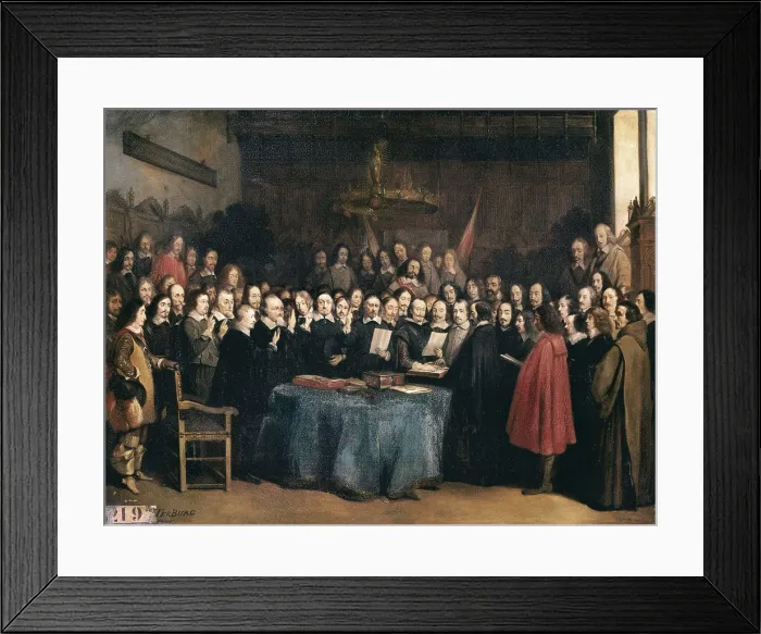 Framed Print : JACQUAND, Claude (1840-1878). Congress of Munster. 15th May 1648. 1837. Thirty Years War. Peacy teatry before the Peace of Wesphalia
