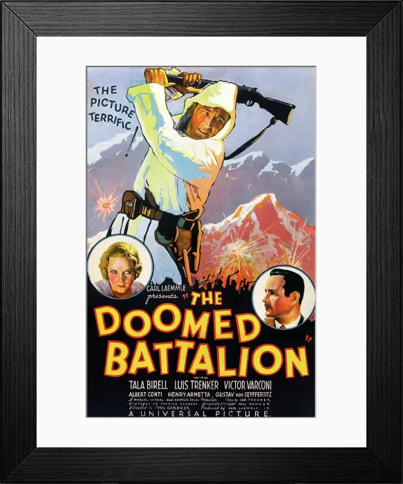 Framed Print : THE DOOMED BATTALION, clockwise from top on US poster art: Luis Trenker, Victor Varconi, Tala Birell, 1932