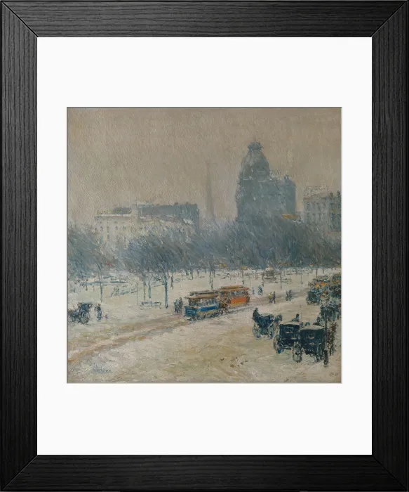 Framed Print : WINTER IN UNION SQUARE, by Childe Hassam, 1889-90, American painting, oil on canvas. The Cityscape is obscured by falling snow from the artists 17th street studio