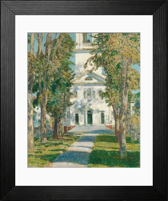 Framed Print : THE CHURCH AT GLOUCESTER, by Childe Hassam, 1918, American painting, oil on canvas. Universalist meetinghouse in Gloucester, Massachusetts, framed by an avenue of American elms