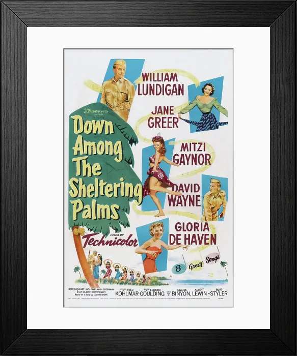 Framed Print : DOWN AMONG THE SHELTERING PALMS, US poster, from top: William Lundigan, Jane Greer, Mitzi Gaynor, David Wayne, Gloria DeHaven, 1953 Framed Print : DOWN AMONG THE SHELTERING PALMS, US poster, from top: William Lundigan, Jane Greer, Mitzi Gaynor, David Wayne, Gloria DeHaven, 1953