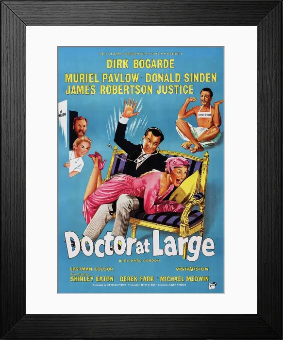 Framed Print : DOCTOR AT LARGE, British poster art, left: James Robert Justice, Muriel Pavlow; center: Dirk Bogarde, 1957