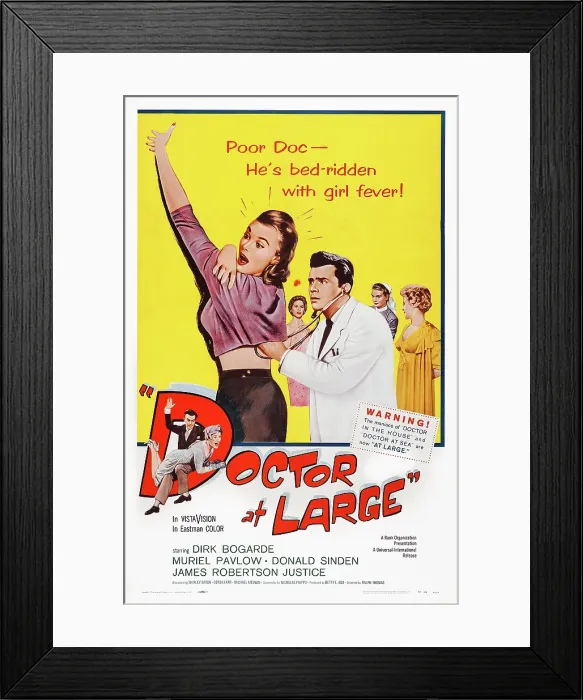Framed Print : DOCTOR AT LARGE, US poster art, from left: Shirley Eaton, Dirk Bogarde, 1957