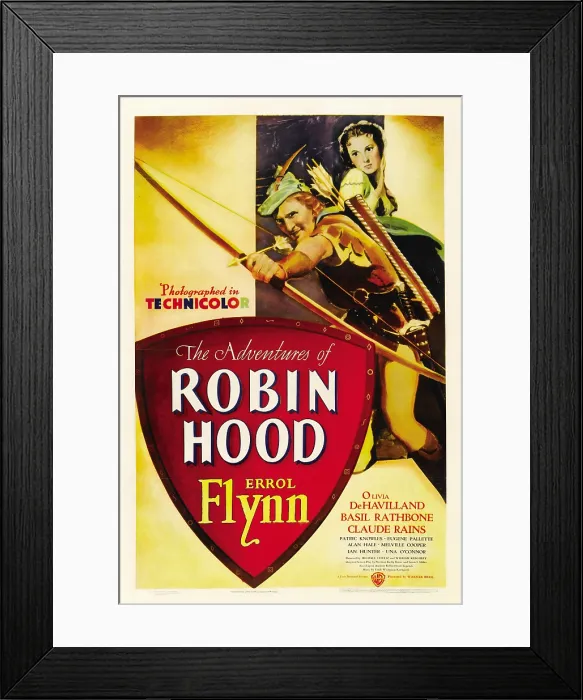 Framed Print : THE ADVENTURES OF ROBIN HOOD, poster, from left: Errol Flynn, Olivia De Havilland, 1938