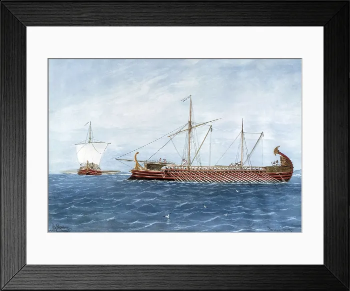Framed Print : Greek triremes. Engraving. Warship appeared in 6th c. BC: It was used by Phoenicians, Greeks, Egyptians, Romans and Carthaginians. AISA / Everett Collection**US SALES ONLY**