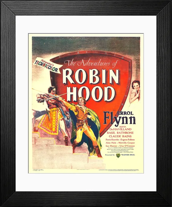 Framed Print : THE ADVENTURES OF ROBIN HOOD, front left: Errol Flynn, top right: Olivia De Havilland on window card, 1938