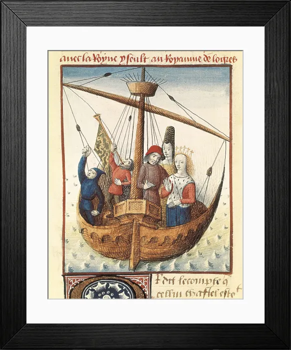 Framed Print : Romance of Tristan and Iseult by Everard de Espinques, written by Gassien de Poitiers. Fol. 282v. The queen Iseult releases Tristan and they board towards the kingdom of Logres