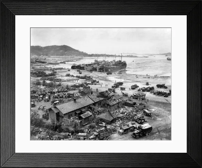 Framed Print : Four LST's unload men and equipment on Red Beach at Inchon, Korea. Sept. 15, 1950 Framed Print : Four LST's unload men and equipment on Red Beach at Inchon, Korea. Sept. 15, 1950