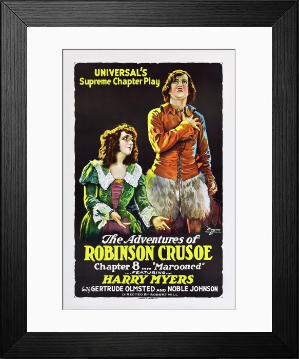 Framed Print : THE ADVENTURES OF ROBINSON CRUSOE, l-r: Gertrude Olmsted, Harry Myers in Chapter 8-Marooned, 1922 Framed Print : THE ADVENTURES OF ROBINSON CRUSOE, l-r: Gertrude Olmsted, Harry Myers in Chapter 8-Marooned, 1922