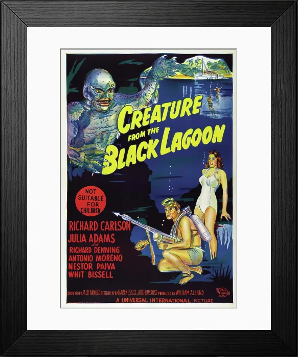 Framed Print : CREATURE FROM THE BLACK LAGOON, bottom from left: Richard Carlson, Julie Adams on Australian poster art, 1954 Framed Print : CREATURE FROM THE BLACK LAGOON, bottom from left: Richard Carlson, Julie Adams on Australian poster art, 1954