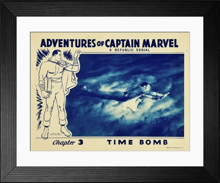 Framed Print : THE ADVENTURES OF CAPTAIN MARVEL, Tom Tyler in Chapter 3: Time Bomb, lobbycard, 1941 Framed Print : THE ADVENTURES OF CAPTAIN MARVEL, Tom Tyler in Chapter 3: Time Bomb, lobbycard, 1941