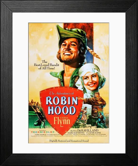 Framed Print : THE ADVENTURES OF ROBIN HOOD, US poster, Errol Flynn (bottom left), right from top: Errol Flynn, Olivia de Havilland, Eugene Pallette, Basil Rathbone, Errol Flynn, 1938 Framed Print : THE ADVENTURES OF ROBIN HOOD, US poster, Errol Flynn (bottom left), right from top: Errol Flynn, Olivia de Havilland, Eugene Pallette, Basil Rathbone, Errol Flynn, 1938