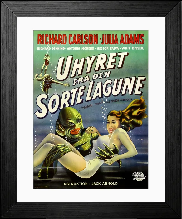 Framed Print : CREATURE FROM THE BLACK LAGOON, (aka UHYRET FRA DEN SORTE LAGUNE), Julie Adams on Danish poster art, 1954
