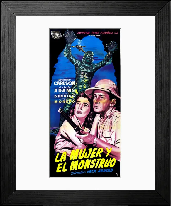 Framed Print : CREATURE FROM THE BLACK LAGOON, (aka LA MUJER Y EL MONSTRUO), foreground from left on Spanish poster art: Julie Adams, Richard Carlson, 1954 Framed Print : CREATURE FROM THE BLACK LAGOON, (aka LA MUJER Y EL MONSTRUO), foreground from left on Spanish poster art: Julie Adams, Richard Carlson, 1954