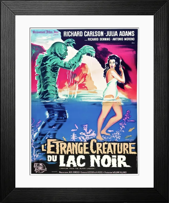 Framed Print : CREATURE FROM THE BLACK LAGOON, French poster, from left: the Creature, played by Ben Chapman and Ricou Browning, Julia Adams (aka Julie Adams); 1954 Framed Print : CREATURE FROM THE BLACK LAGOON, French poster, from left: the Creature, played by Ben Chapman and Ricou Browning, Julia Adams (aka Julie Adams); 1954