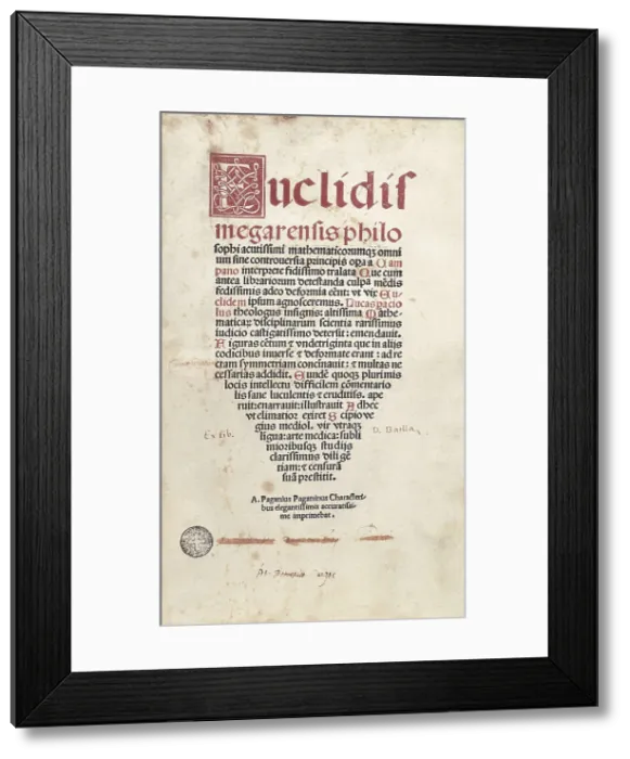Framed Print : EUCLID (c. 300 BC). 'Elements'. Latin edition. SPAIN. Barcelona. Biblioteca de Catalunya (National Library of Catalonia). AISA / Everett Collection**US SALES ONLY** Framed Print : EUCLID (c. 300 BC). 'Elements'. Latin edition. SPAIN. Barcelona. Biblioteca de Catalunya (National Library of Catalonia). AISA / Everett Collection**US SALES ONLY**