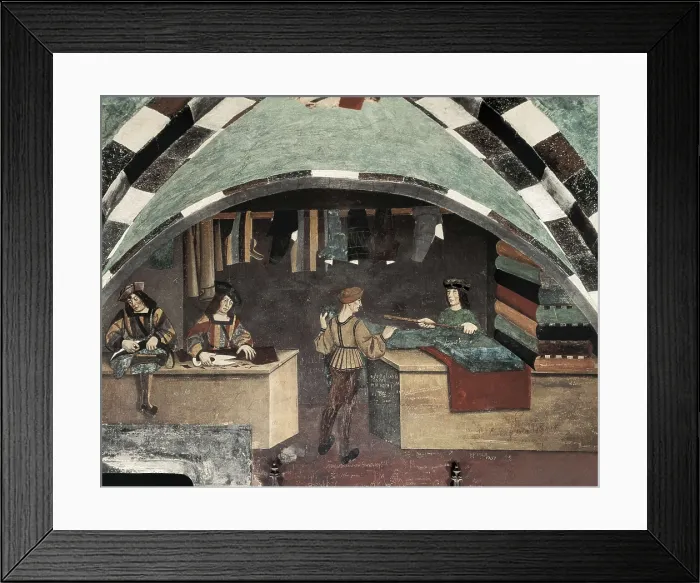 Framed Print : ITALY. Issogne. Issogne Castle. Tailor's shop (15th c.). Renaissance art. Quattrocento. Fresco. AISA / Everett Collection**US SALES ONLY** Framed Print : ITALY. Issogne. Issogne Castle. Tailor's shop (15th c.). Renaissance art. Quattrocento. Fresco. AISA / Everett Collection**US SALES ONLY**