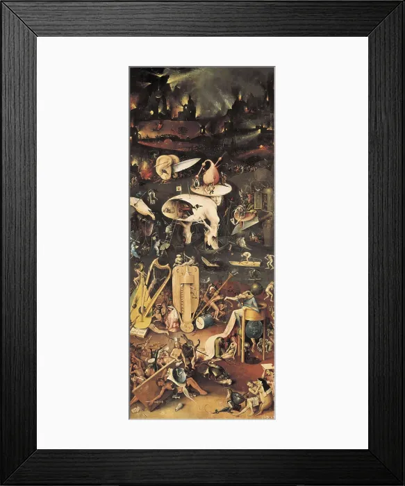 Framed Print : Bosch, Hieronymus Van Aeken, called (1450-1516). The Garden of Earthly Delights. Hell. 1503-1504. Right panel of the triptych. Flemish art. Oil on wood. SPAIN. Madrid Framed Print : Bosch, Hieronymus Van Aeken, called (1450-1516). The Garden of Earthly Delights. Hell. 1503-1504. Right panel of the triptych. Flemish art. Oil on wood. SPAIN. Madrid