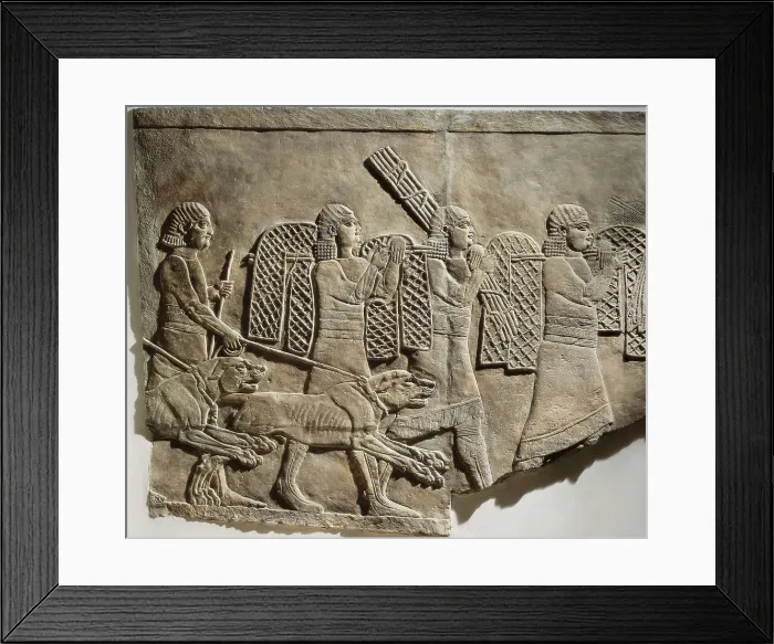 Framed Print : Hunting with hounds. ca. 645 BC. Panel situated at the north zone of the palace. Assyrian art. Relief on rock. UNITED KINGDOM. London. The British Museum. Proc: IRAQ. Kuyunjik