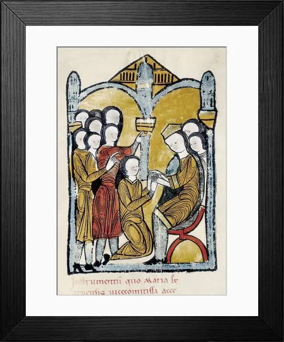 Framed Print : Liber Feudorum Maior. end 12th c. Royal cartularium made by order of Alfonso el Casto. Fol. 12 (front). Romanesque art. Miniature Painting. SPAIN. Barcelona