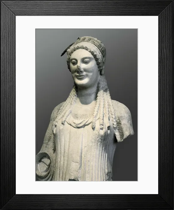 Framed Print : Kore with almond-shaped eyes. 500 BC. Archaic Greek art. Sculpture on marble. GREECE. Athens. Acropolis. Acropolis Museum. AISA / Everett Collection**US SALES ONLY**