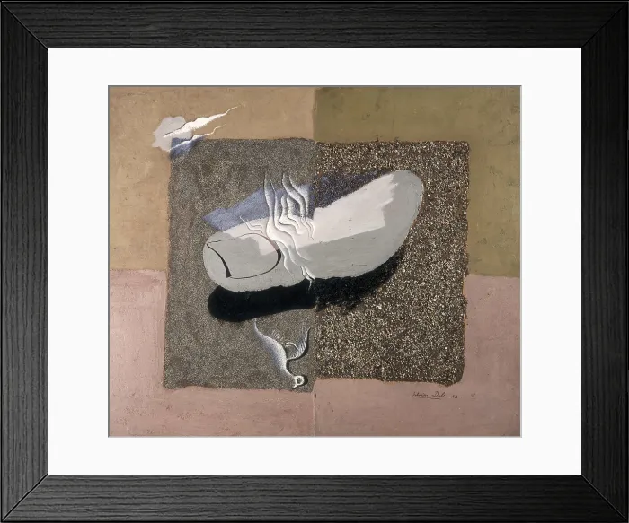 Framed Print : DALI, Salvador (1904-1989). Big Thumb, Beach, Moon and Decaying Bird. 1928. Oil and sand on wood. Surrealism. Private Collection