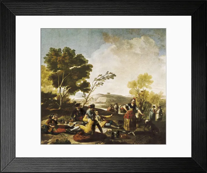 Framed Print : GOYA Y LUCIENTES, Francisco de (1746-1828). Picnic on the Banks of the Manzanares. 1776. Sketch for a tapestry. Oil on canvas. SPAIN. Madrid. Prado Museum