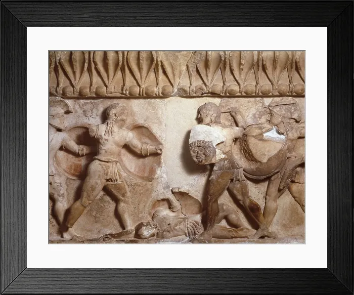 Framed Print : Pediment and frieze from the treasury of the Siphnians. ca. 525 BC. Detail of the frieze. Scene from the fight between Greeks and Trojans. Archaic Greek art. Relief on marble