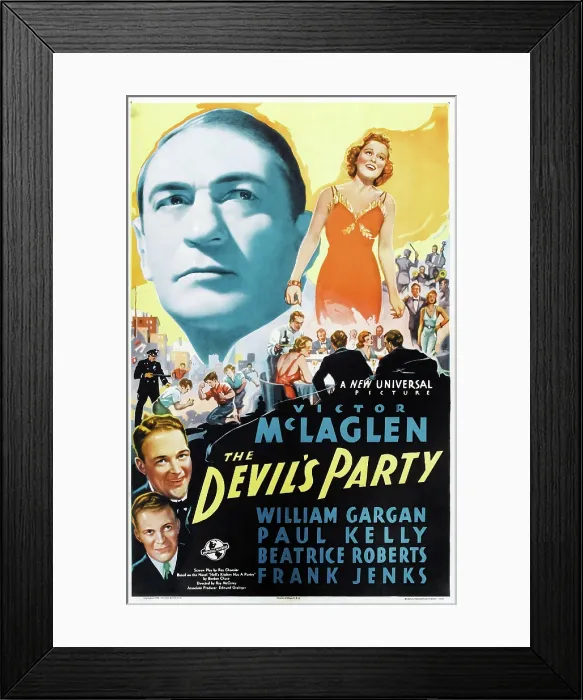 Framed Print : THE DEVIL'S PARTY, US poster art, top from left: Victor McLaglen, Beatrice Roberts; lower left, from top: William Gargan, Frank Jenks, 1938
