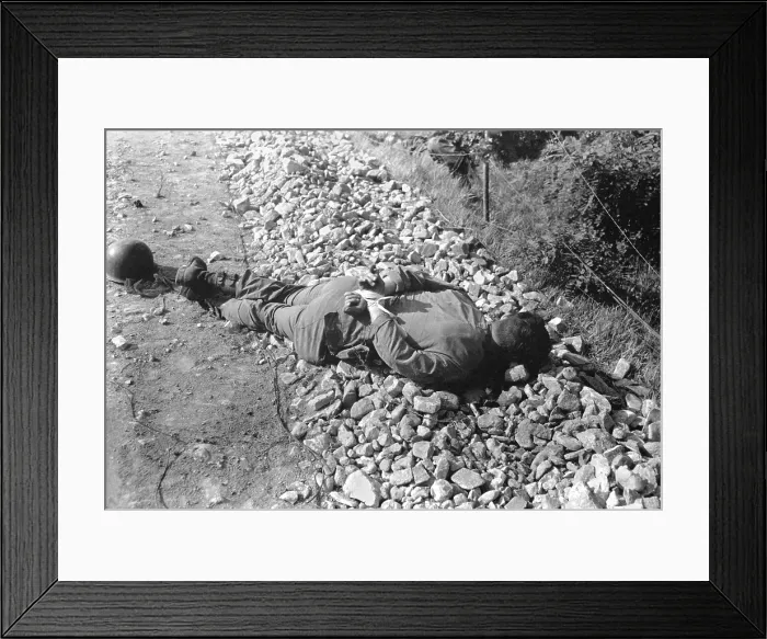 Framed Print : Dead U.S. soldier shot thru the head with his hands tied behind his back. He was one of four captured and executed by North Koreans on the night of July 9, 1950 Framed Print : Dead U.S. soldier shot thru the head with his hands tied behind his back. He was one of four captured and executed by North Koreans on the night of July 9, 1950